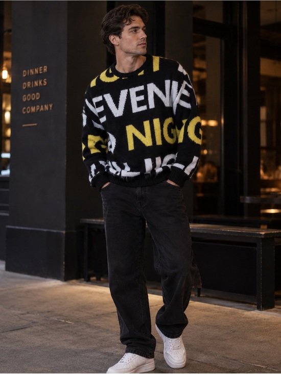 ASOS Other - ASOS DESIGN Black Graphic Knit Sweater Black White Yellow Sz M